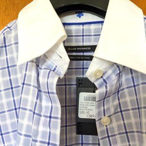 Club Monaco Fitted Plaid Button Down Cotton Shirt with Banker details